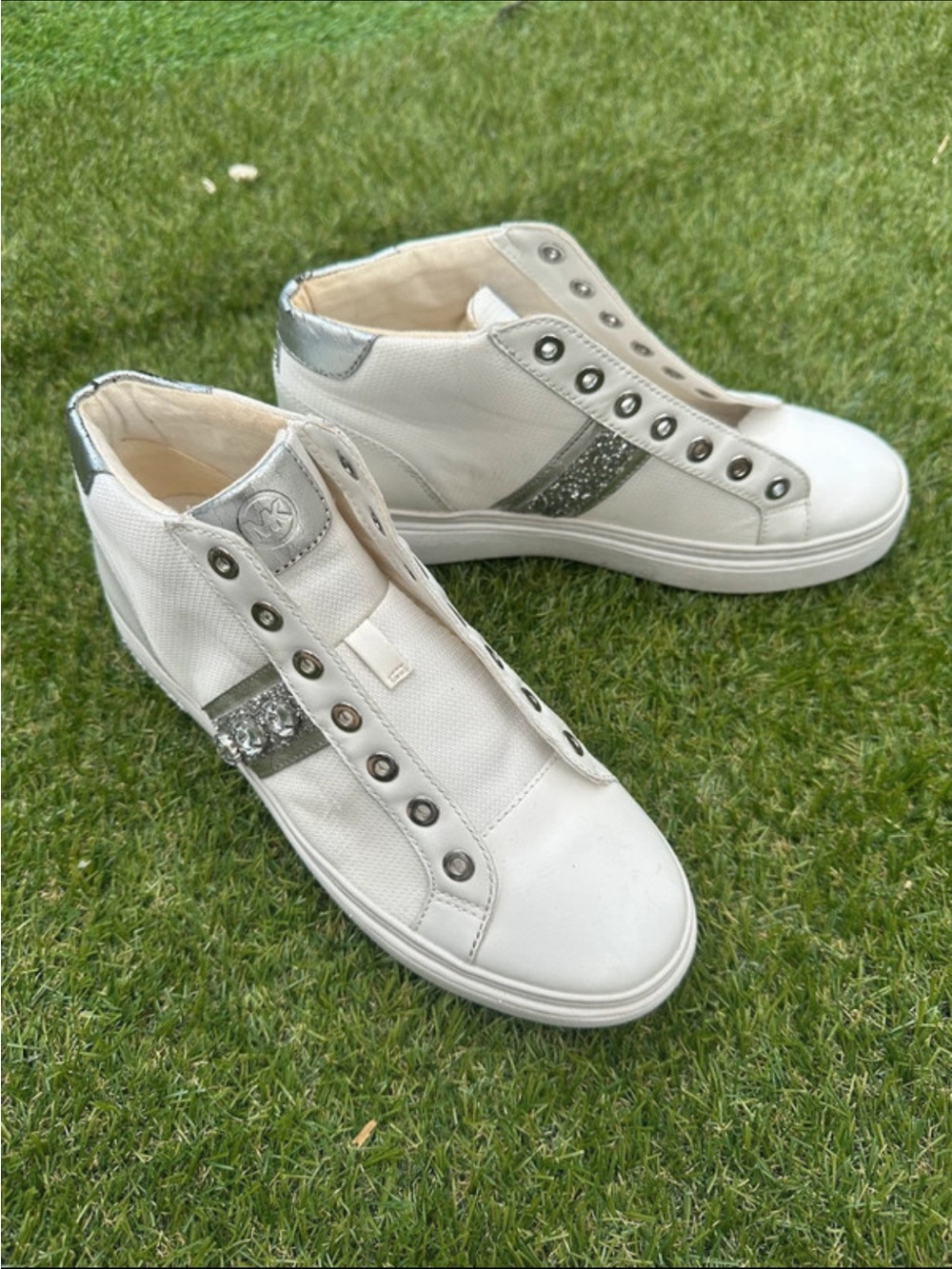 Michael Kors White High-Top Slip-On Sneakers with Silver Glitter Trim